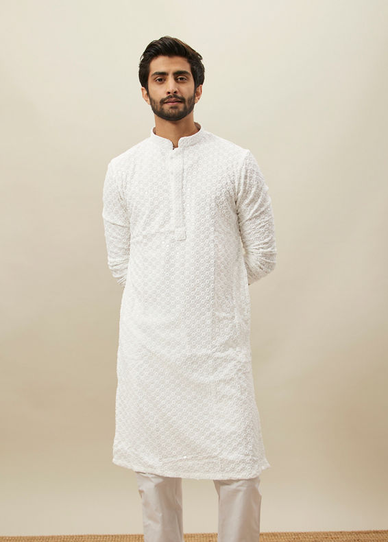 Manyavar Men Bright White Floral Chikankari Kurta Set
