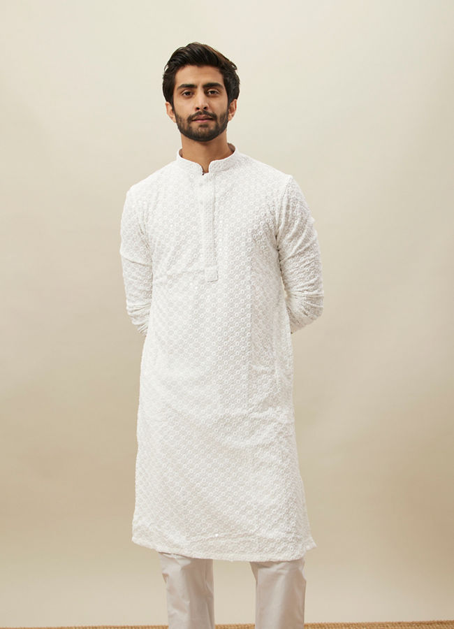 alt message - Manyavar Men Bright White Floral Chikankari Kurta Set image number 0