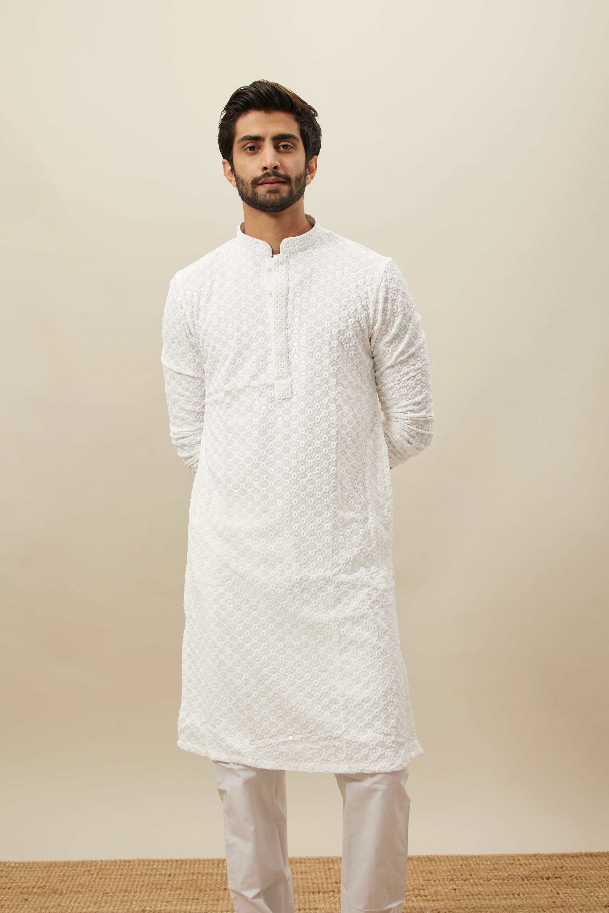 Manyavar Men Bright White Floral Chikankari Kurta Set