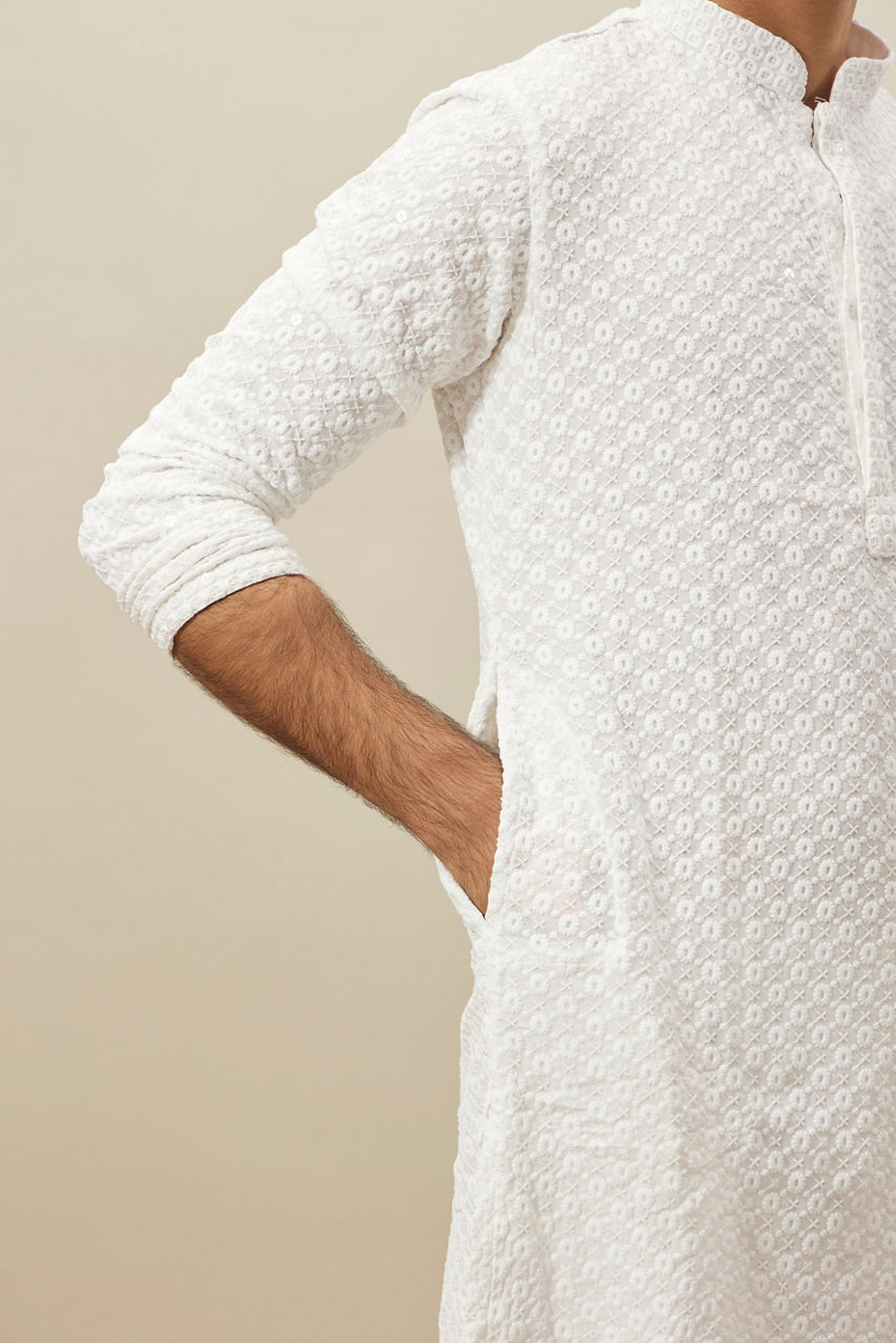 Manyavar Men Bright White Floral Chikankari Kurta Set
