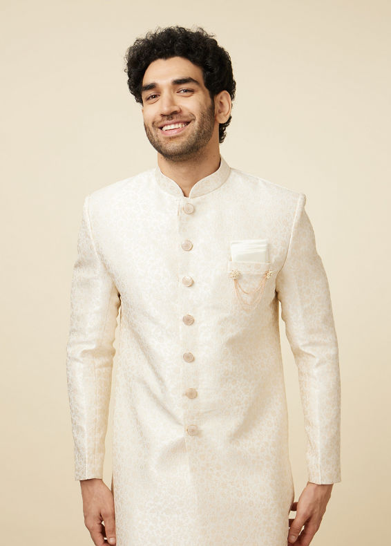 Manyavar Men Cloud Cream Floral Patterned Indo Western Set