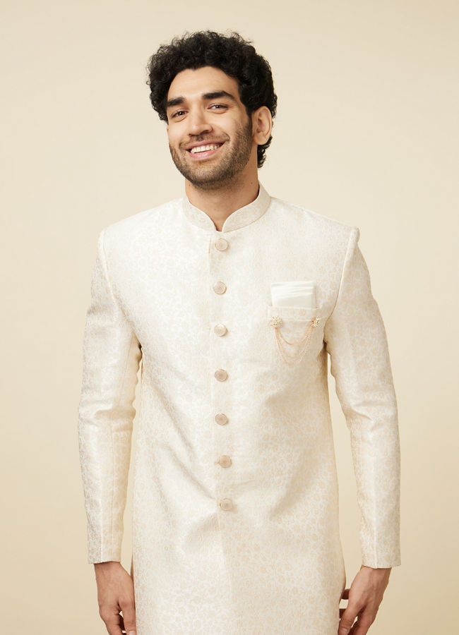 alt message - Manyavar Men Cloud Cream Floral Patterned Indo Western Set image number 0