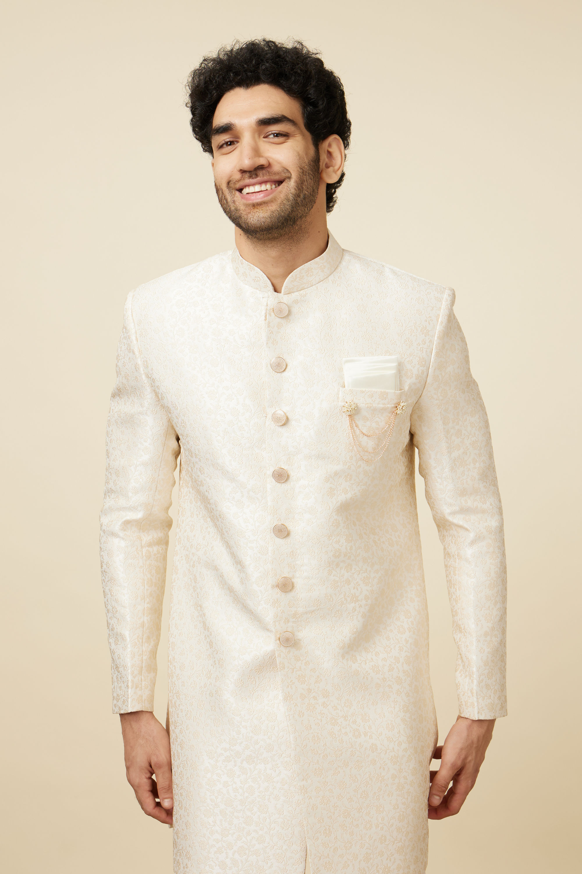 Manyavar Men Cloud Cream Floral Patterned Indo Western Set