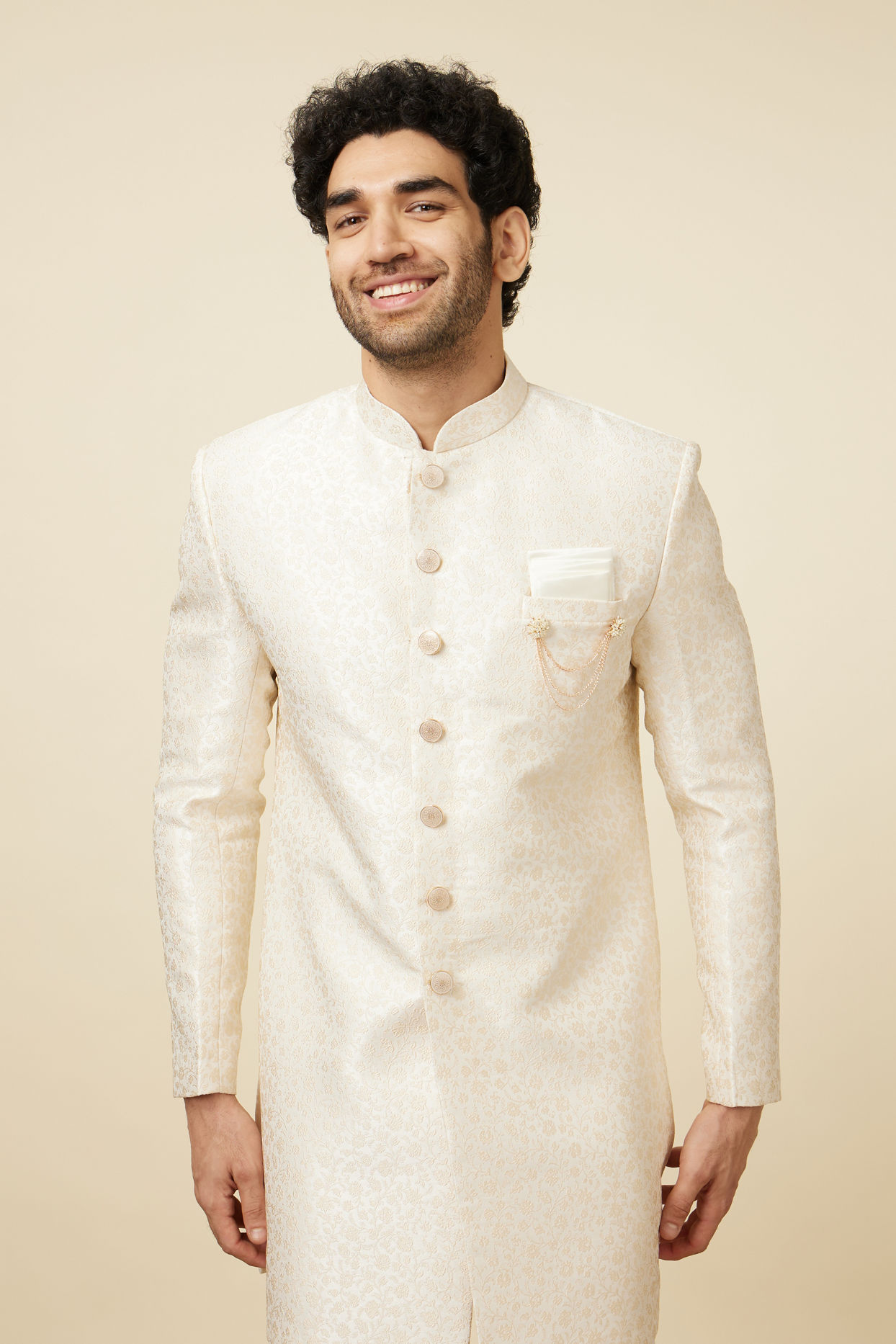Manyavar Men Cloud Cream Floral Patterned Indo Western Set