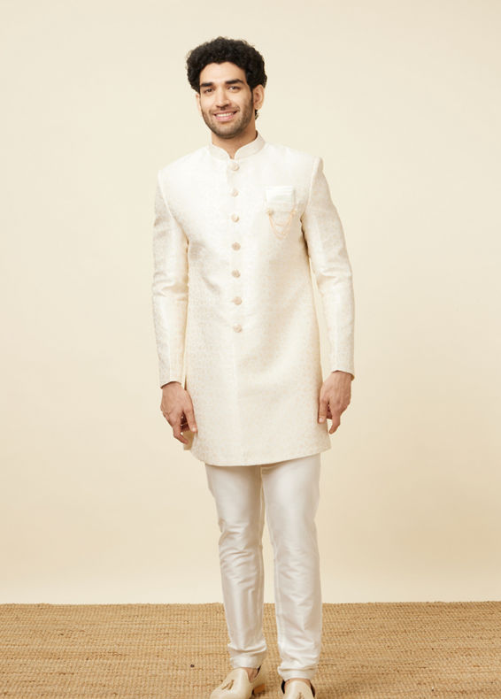 Manyavar Men Cloud Cream Floral Patterned Indo Western Set