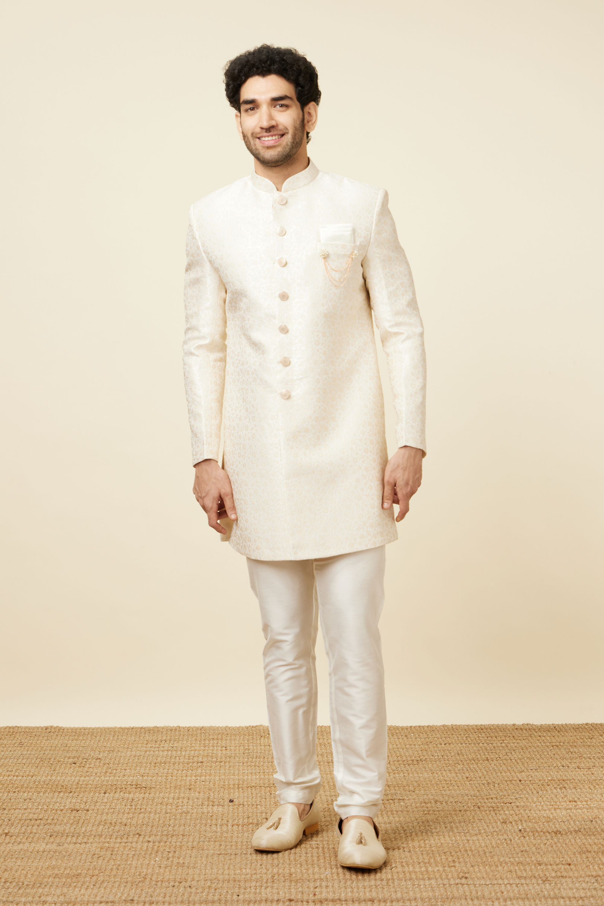 Manyavar Men Cloud Cream Floral Patterned Indo Western Set