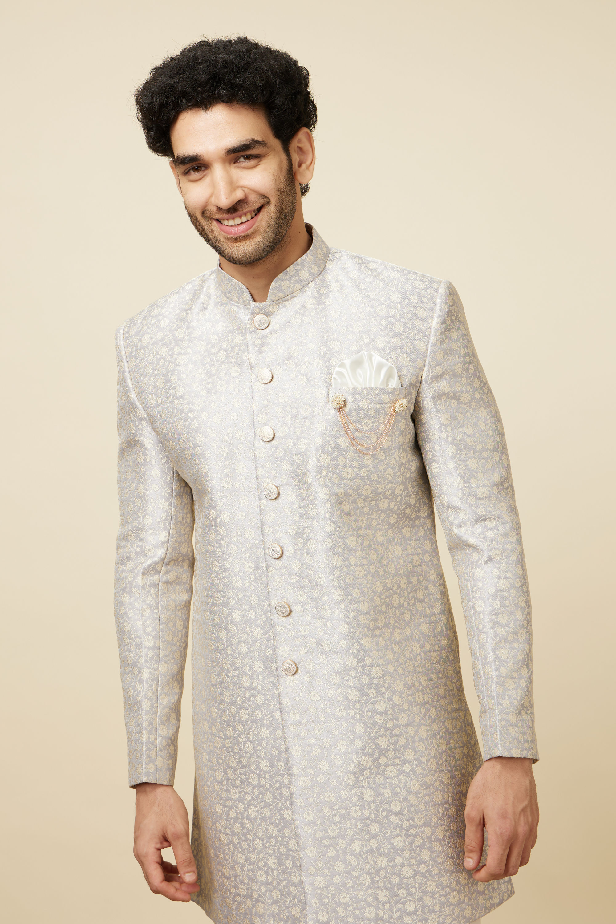 Manyavar Men Light Lilac Floral Patterned Indo Western Jacket