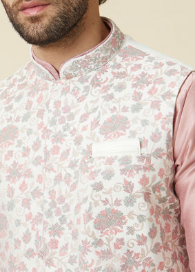 alt message - Manyavar Men Ivory White Bel Buti Printed Jacket image number 1