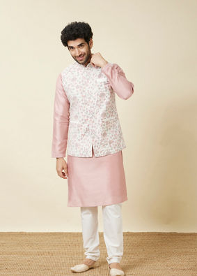 alt message - Manyavar Men Ivory White Bel Buti Printed Jacket image number 2