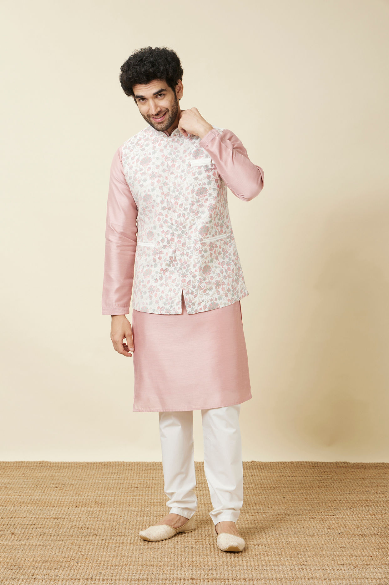 alt message - Manyavar Men Ivory White Bel Buti Printed Jacket image number 2