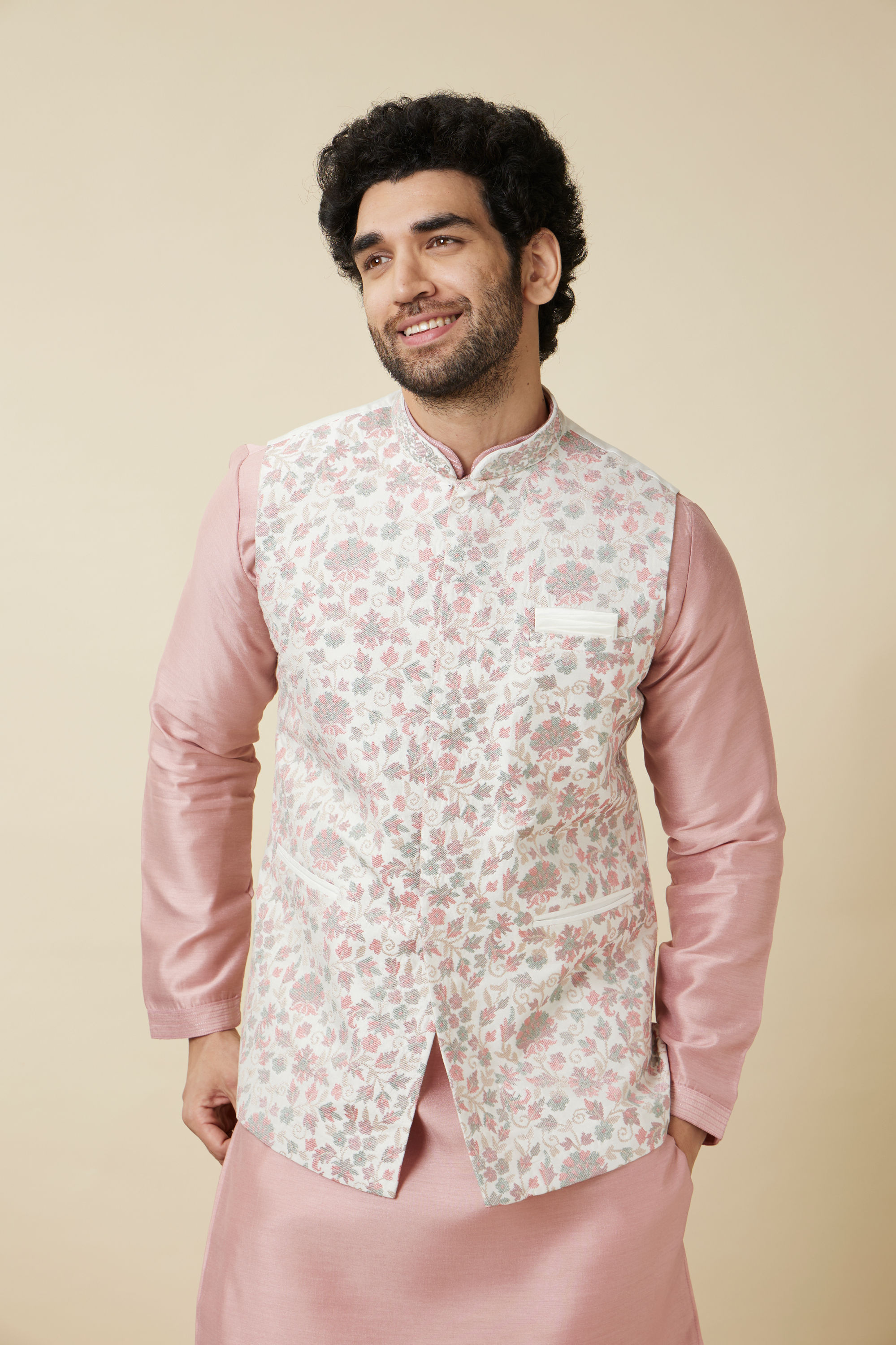 Manyavar Men Ivory White Bel Buti Printed Jacket