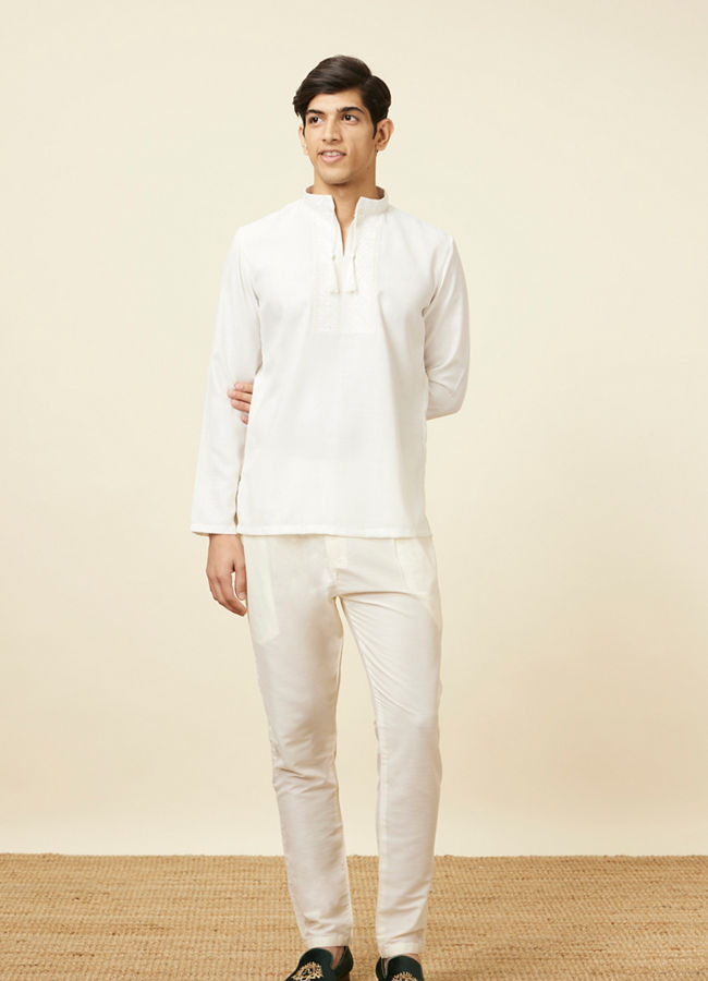 alt message - Manyavar Men Ivory White Embroidered Neckline Short Kurta image number 2