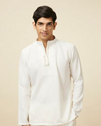 Manyavar Men Ivory White Embroidered Neckline Short Kurta