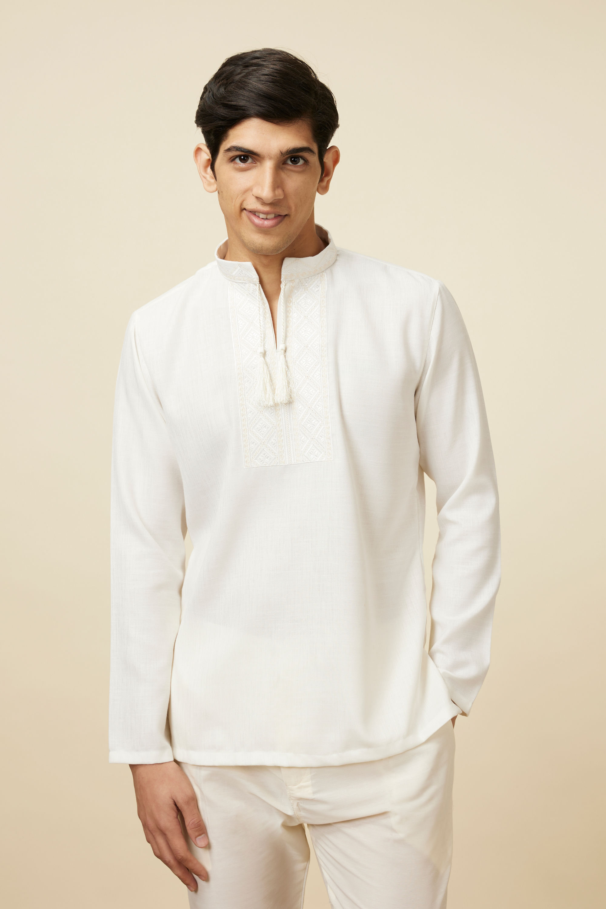 Manyavar Men Ivory White Embroidered Neckline Short Kurta