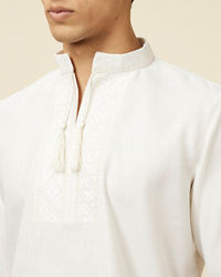 Manyavar Men Ivory White Embroidered Neckline Short Kurta