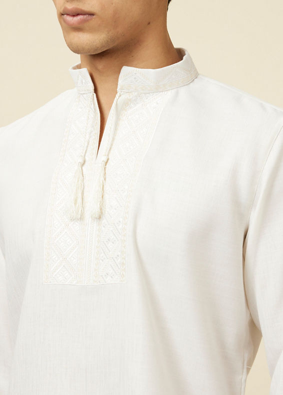 Manyavar Men Ivory White Embroidered Neckline Short Kurta