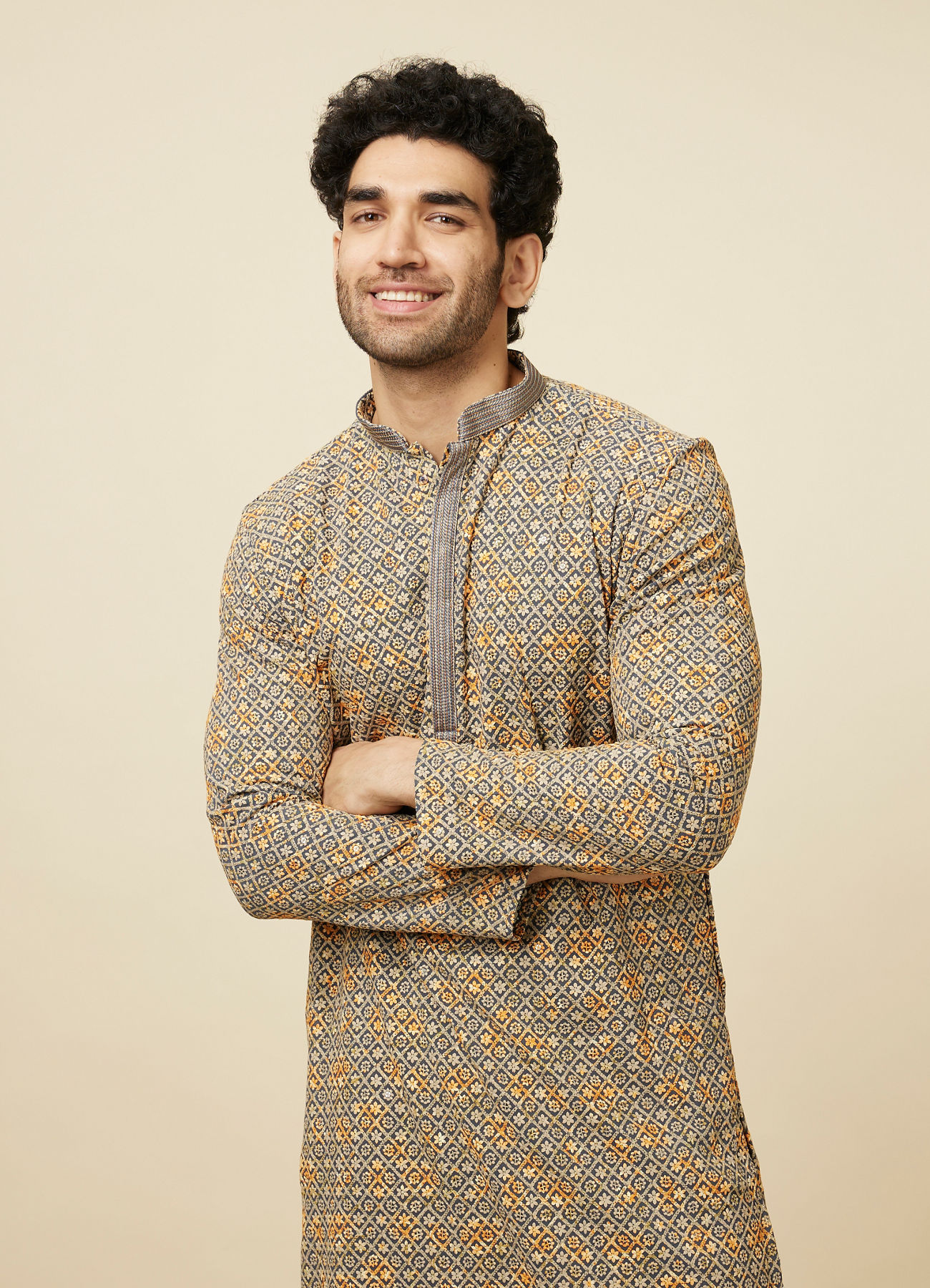 Manyavar Men Estate Blue Diamond Chikankari Patterned Kurta Set