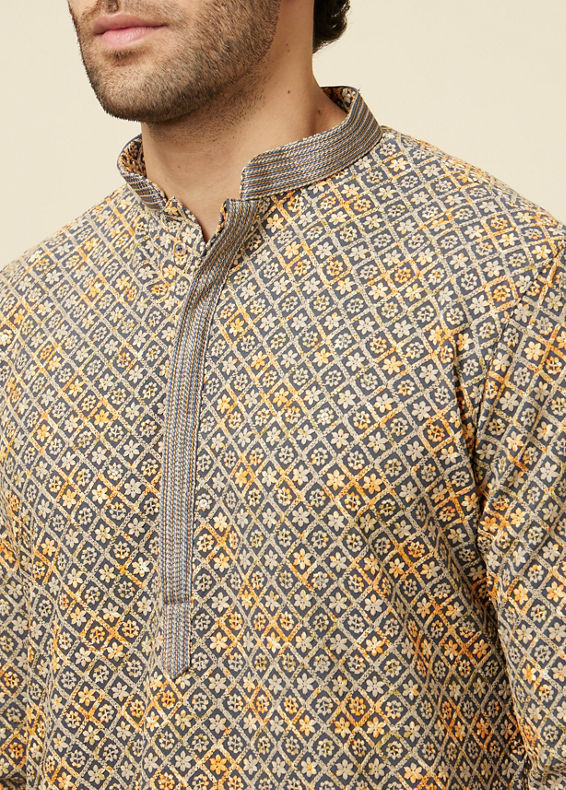 Manyavar Men Estate Blue Diamond Chikankari Patterned Kurta Set