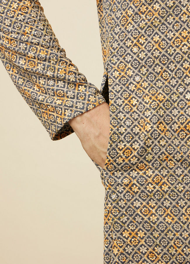 Manyavar Men Estate Blue Diamond Chikankari Patterned Kurta Set