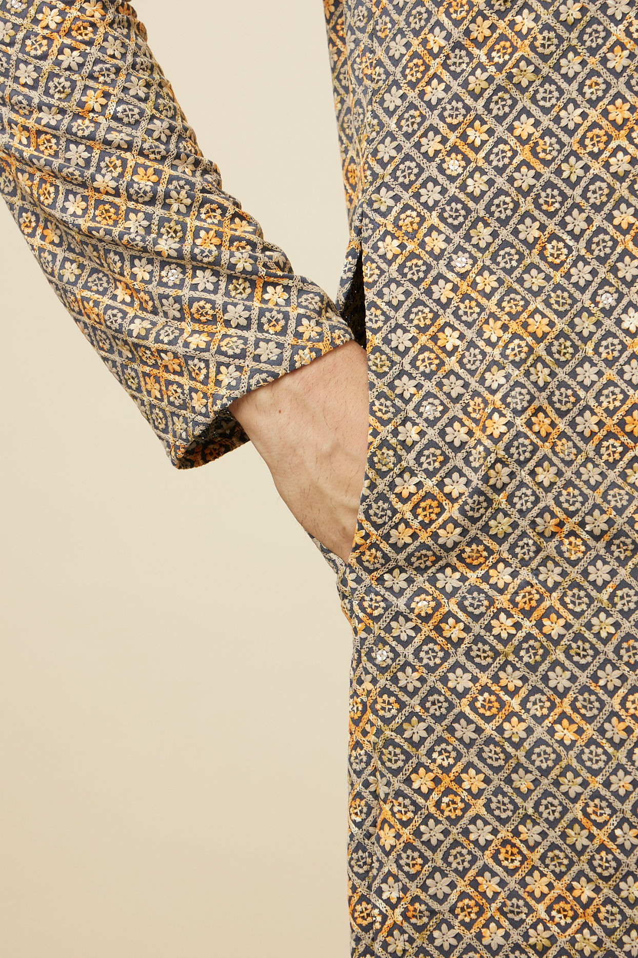 Manyavar Men Estate Blue Diamond Chikankari Patterned Kurta Set