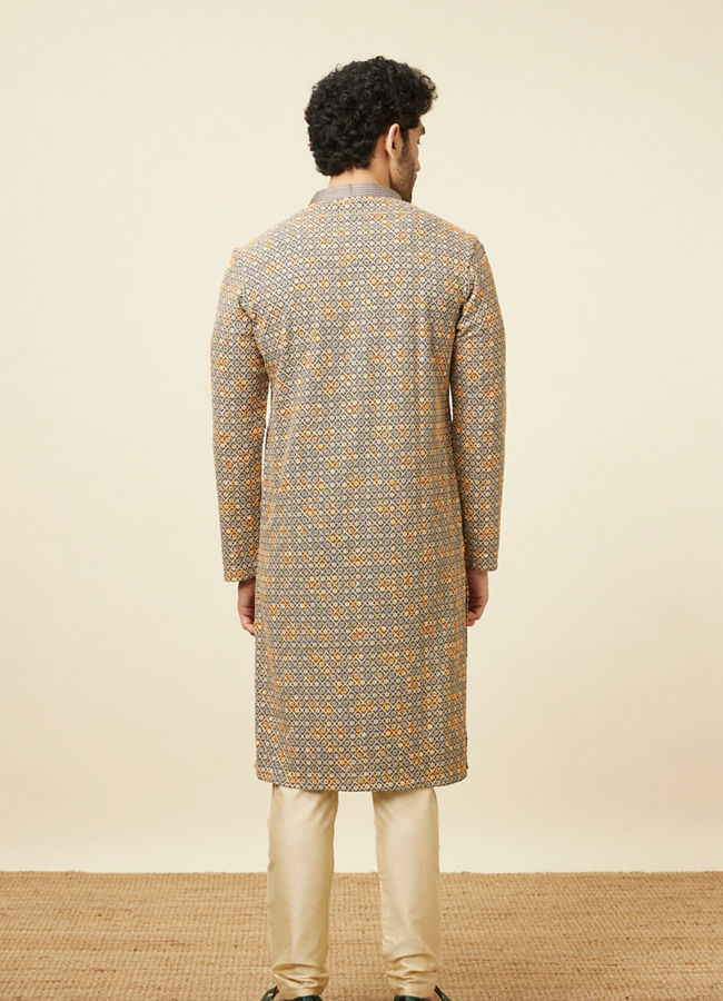 Manyavar Men Estate Blue Diamond Chikankari Patterned Kurta Set