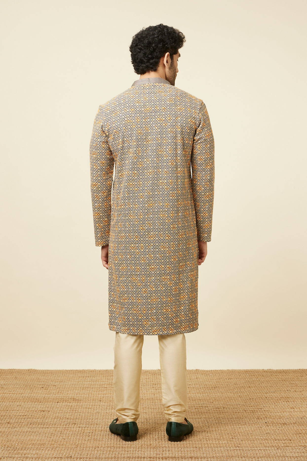 Manyavar Men Estate Blue Diamond Chikankari Patterned Kurta Set