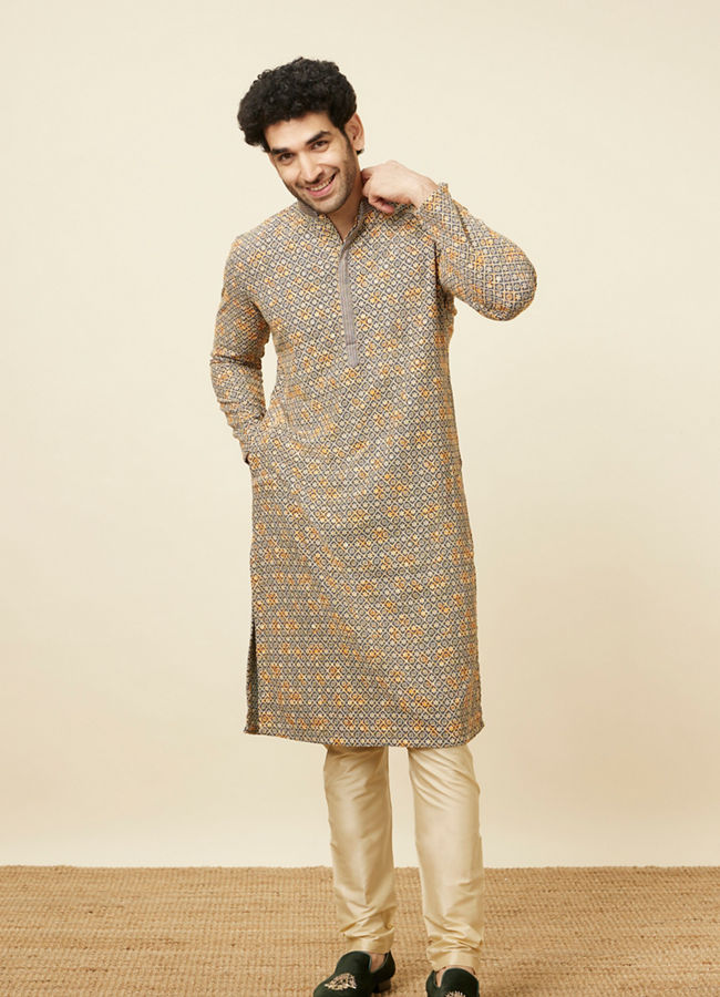 Manyavar Men Estate Blue Diamond Chikankari Patterned Kurta Set