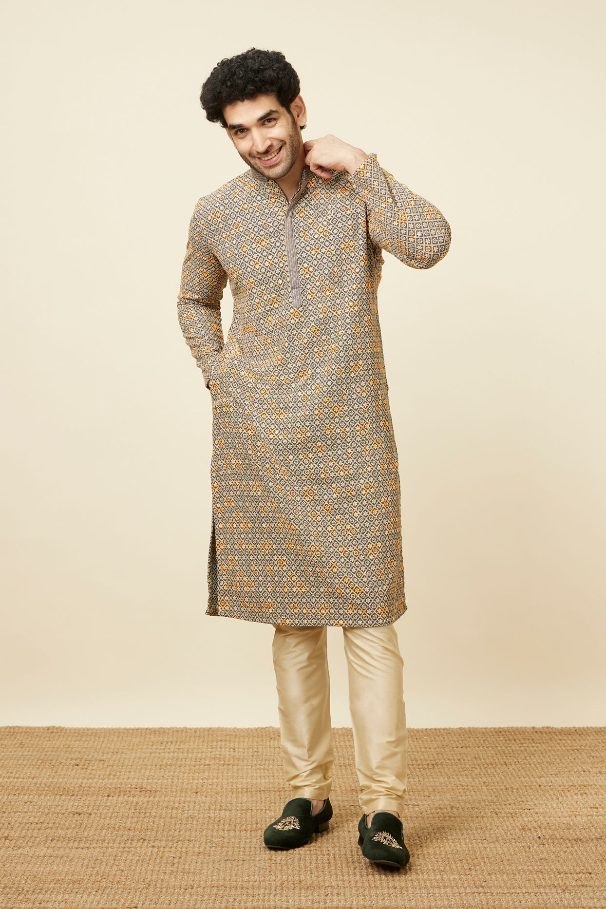 Manyavar Men Estate Blue Diamond Chikankari Patterned Kurta Set