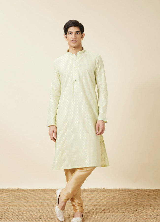 Manyavar Men Tea Green Linear Patterned Kurta Set