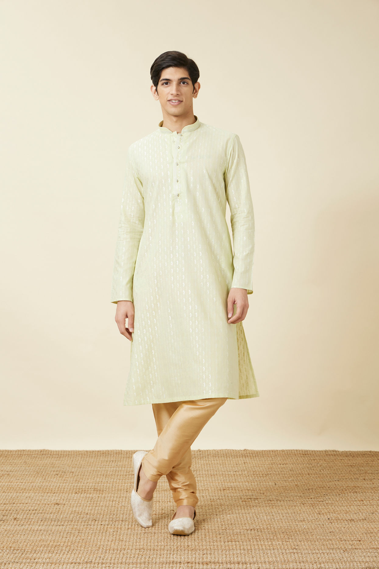 Manyavar Men Tea Green Linear Patterned Kurta Set