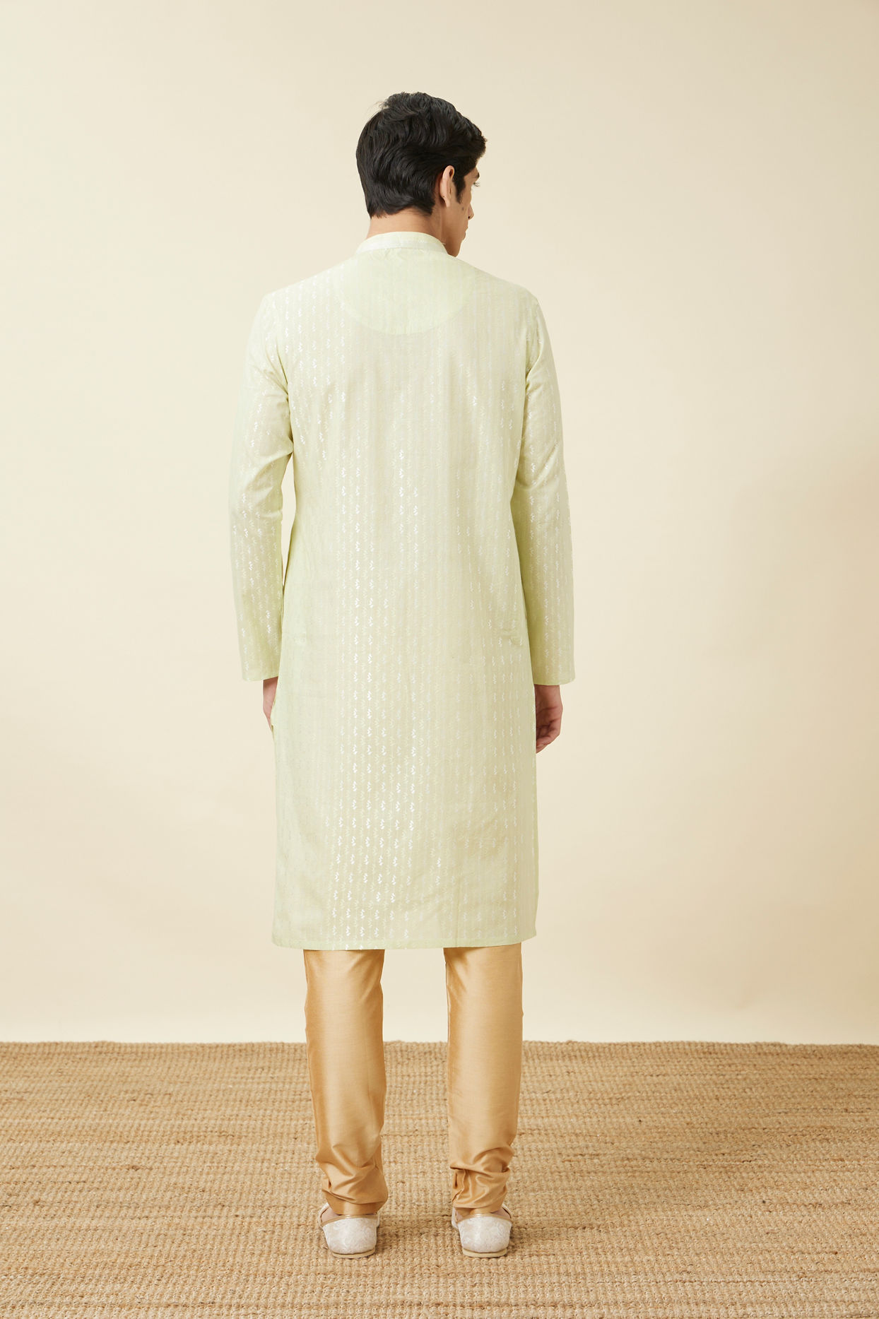 Manyavar Men Tea Green Linear Patterned Kurta Set