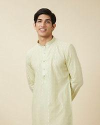 Manyavar Men Tea Green Linear Patterned Kurta Set