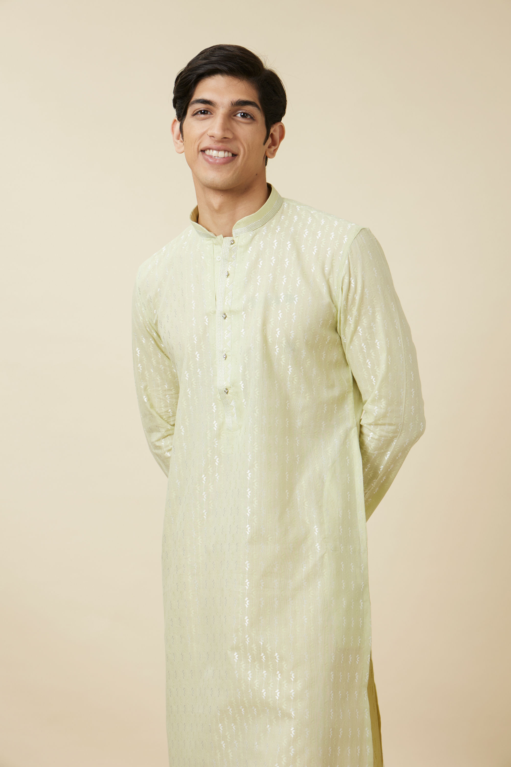 Manyavar Men Tea Green Linear Patterned Kurta Set