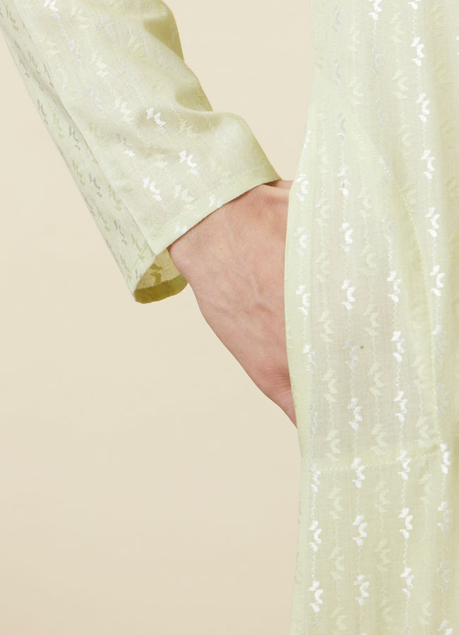Manyavar Men Tea Green Linear Patterned Kurta Set