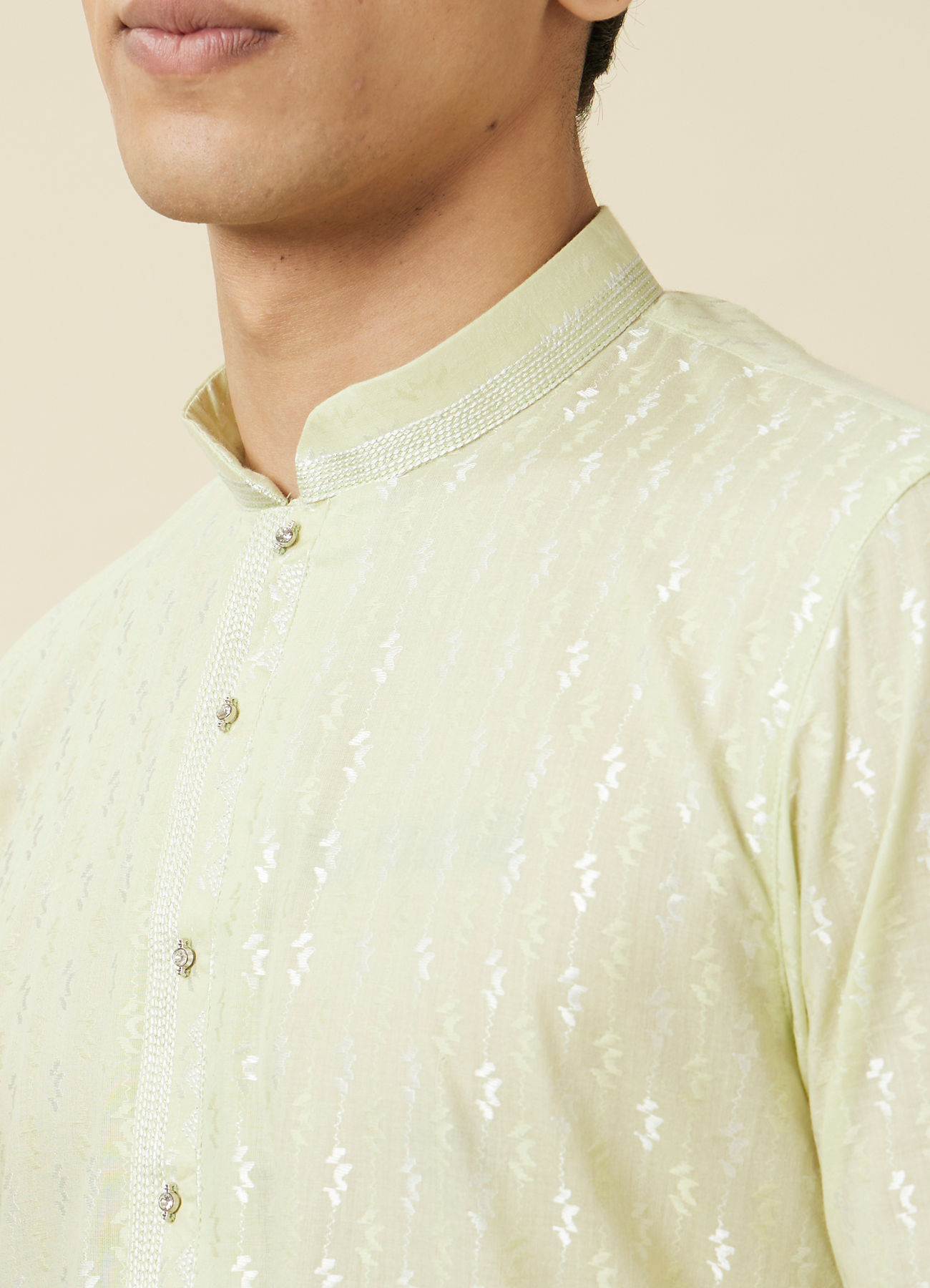 Manyavar Men Tea Green Linear Patterned Kurta Set