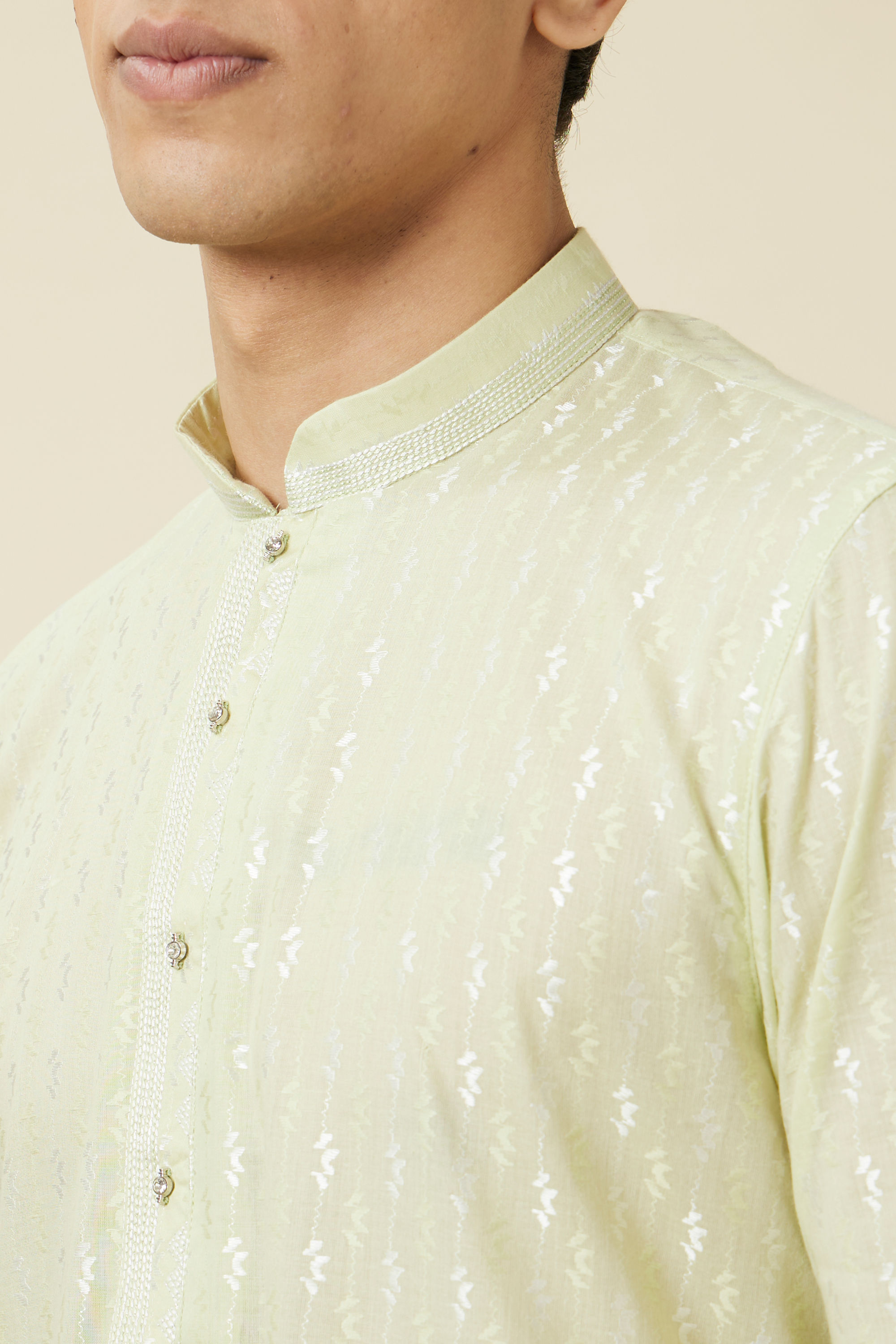Manyavar Men Tea Green Linear Patterned Kurta Set