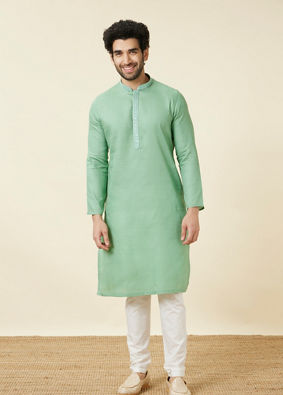 alt message - Manyavar Men Mint Green Embroidered Neckline Kurta Set image number 2