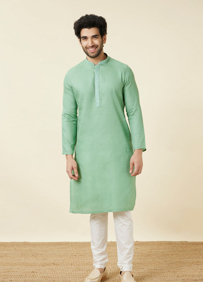 alt message - Manyavar Men Mint Green Embroidered Neckline Kurta Set image number 2