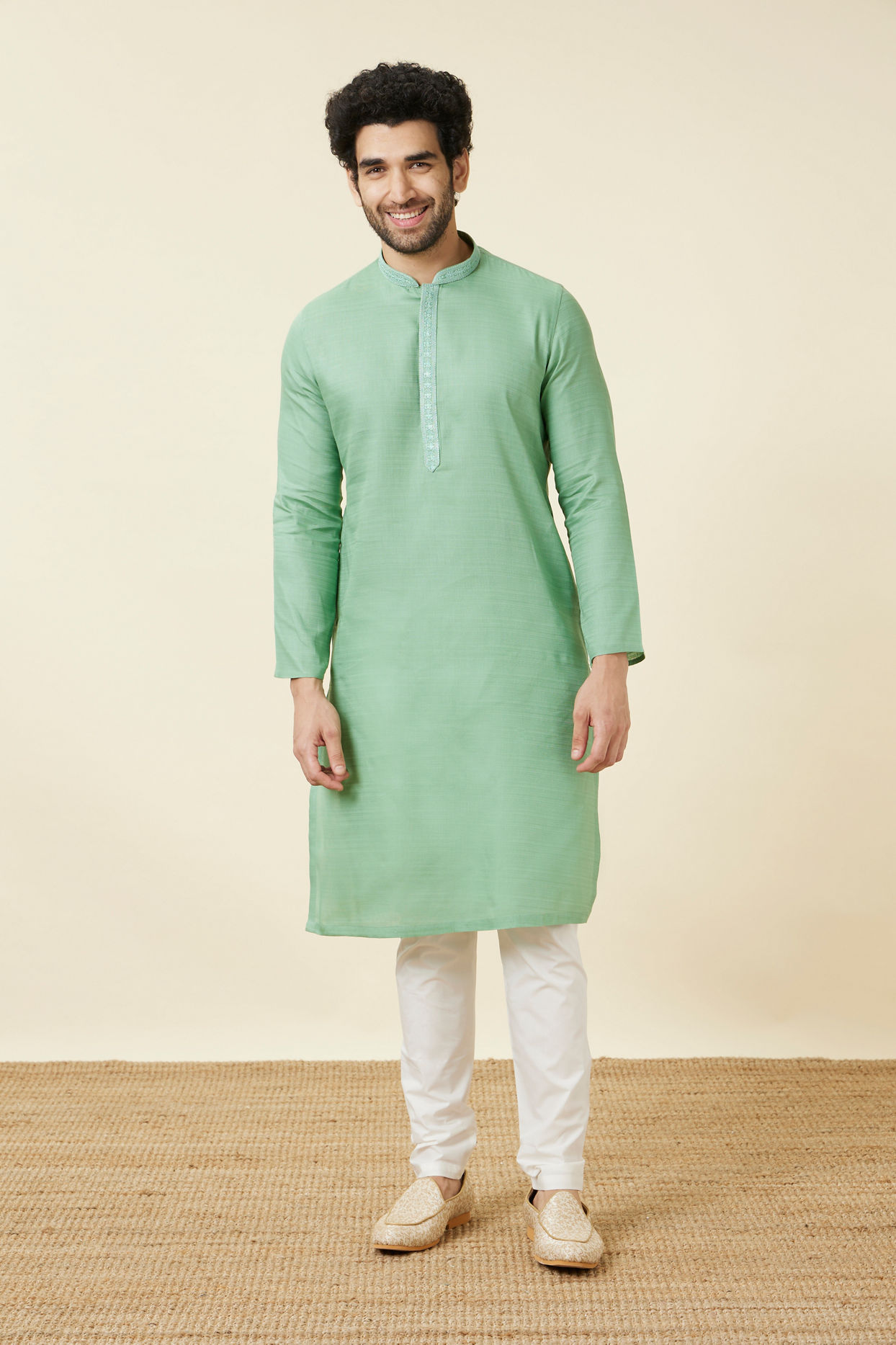 alt message - Manyavar Men Mint Green Embroidered Neckline Kurta Set image number 2