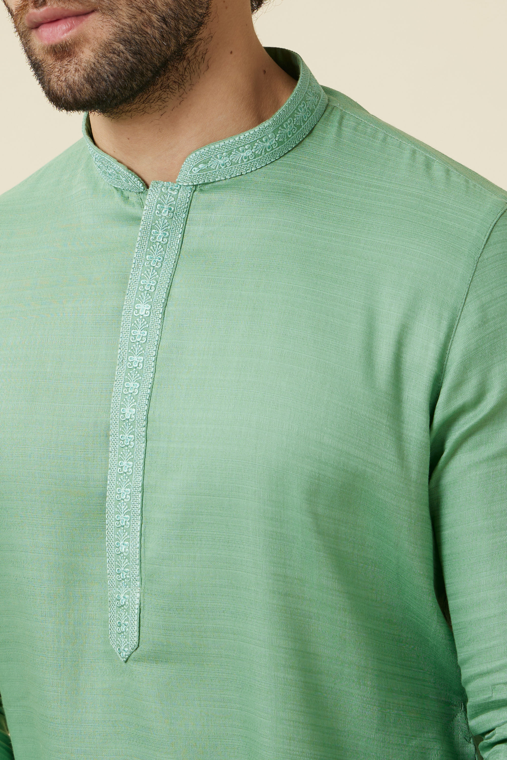 Manyavar Men Mint Green Embroidered Neckline Kurta Set