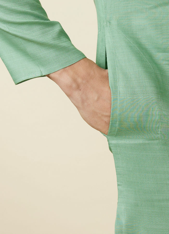 Manyavar Men Mint Green Embroidered Neckline Kurta Set