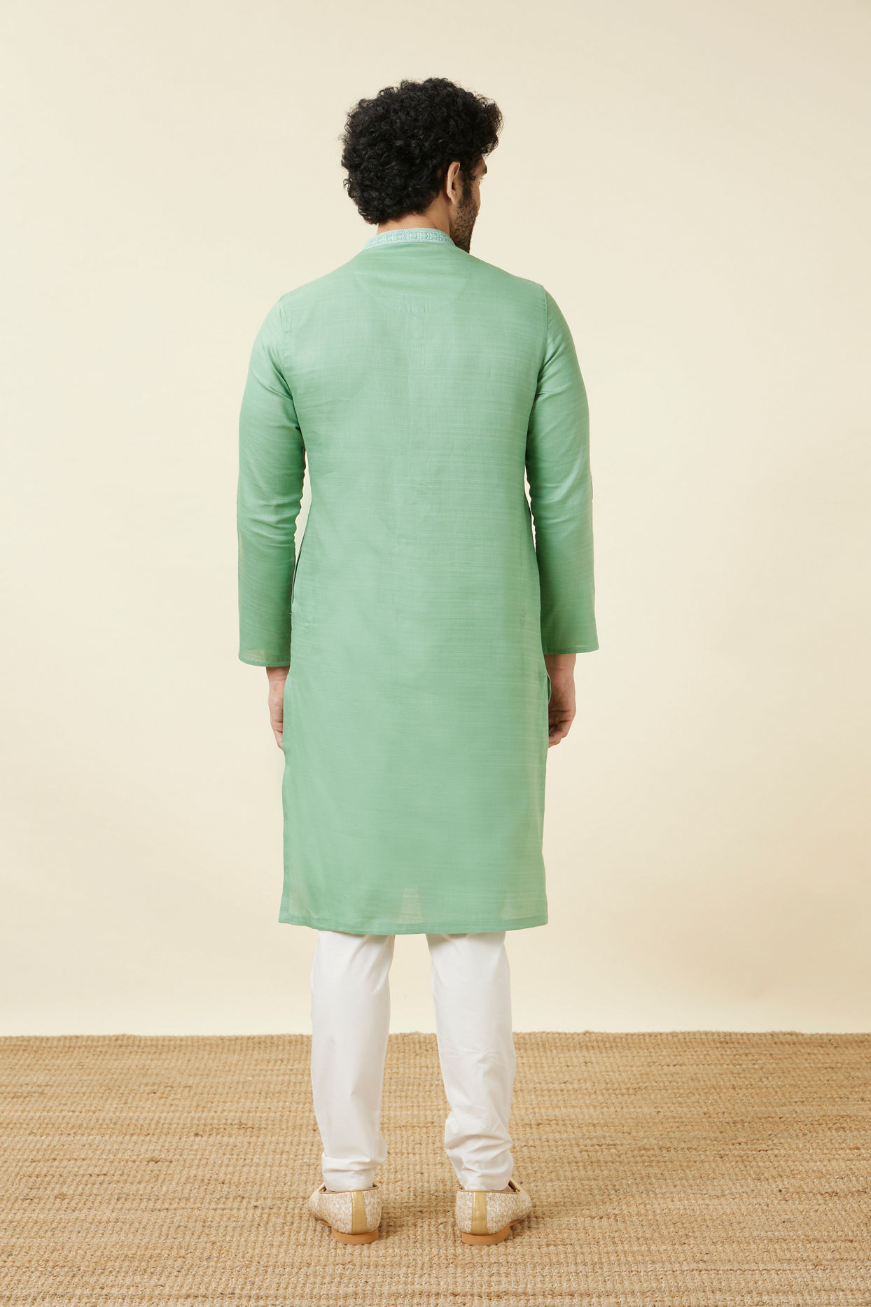 alt message - Manyavar Men Mint Green Embroidered Neckline Kurta Set image number 5