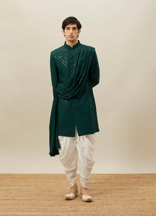 Manyavar Men Atlantic Deep Green Self Patterned Indo Western Set