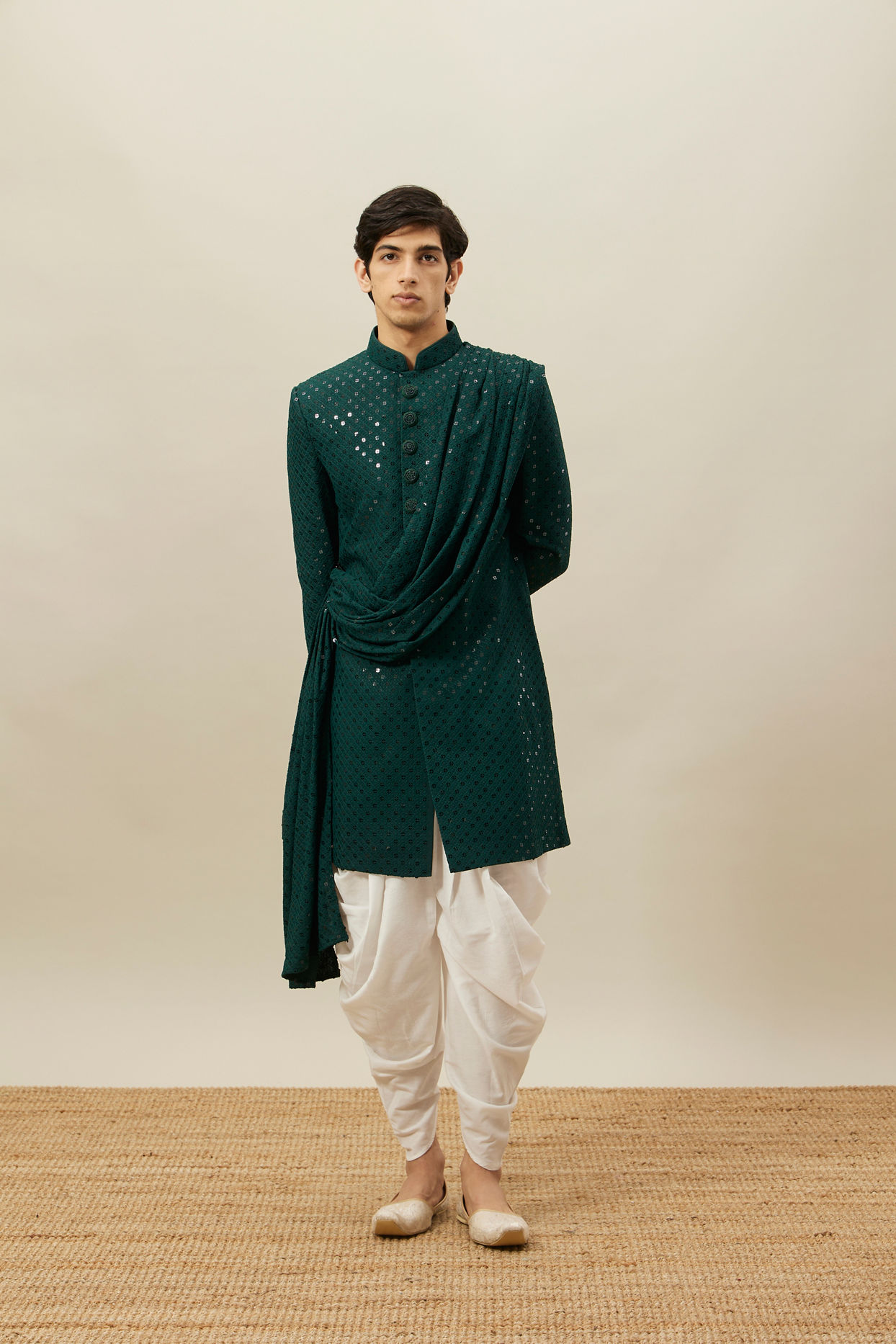 alt message - Manyavar Men Atlantic Deep Green Self Patterned Indo Western Set image number 2