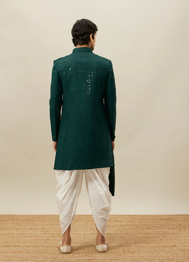 Manyavar Men Atlantic Deep Green Self Patterned Indo Western Set