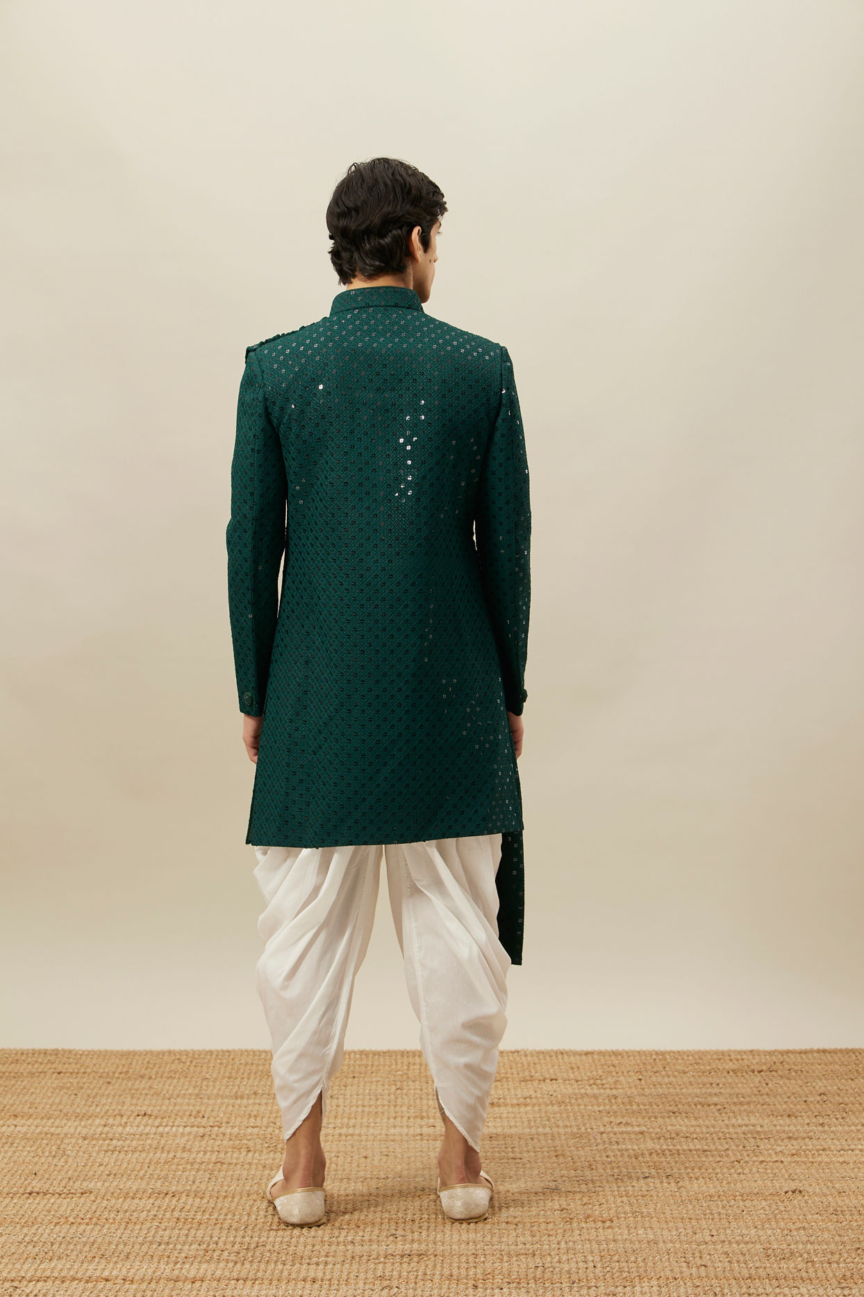 alt message - Manyavar Men Atlantic Deep Green Self Patterned Indo Western Set image number 4