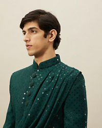 Manyavar Men Atlantic Deep Green Self Patterned Indo Western Set