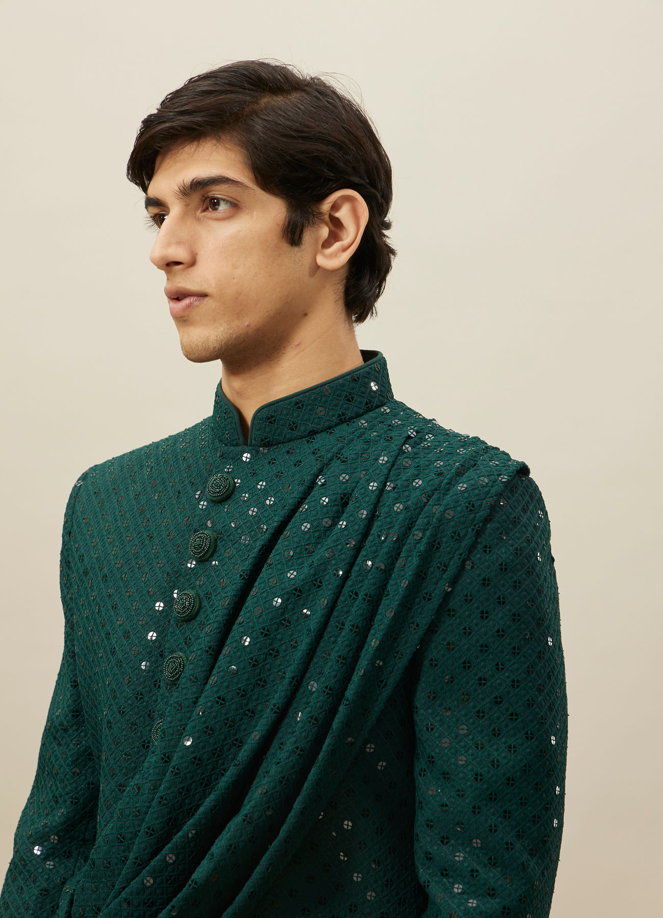 Manyavar Men Atlantic Deep Green Self Patterned Indo Western Set