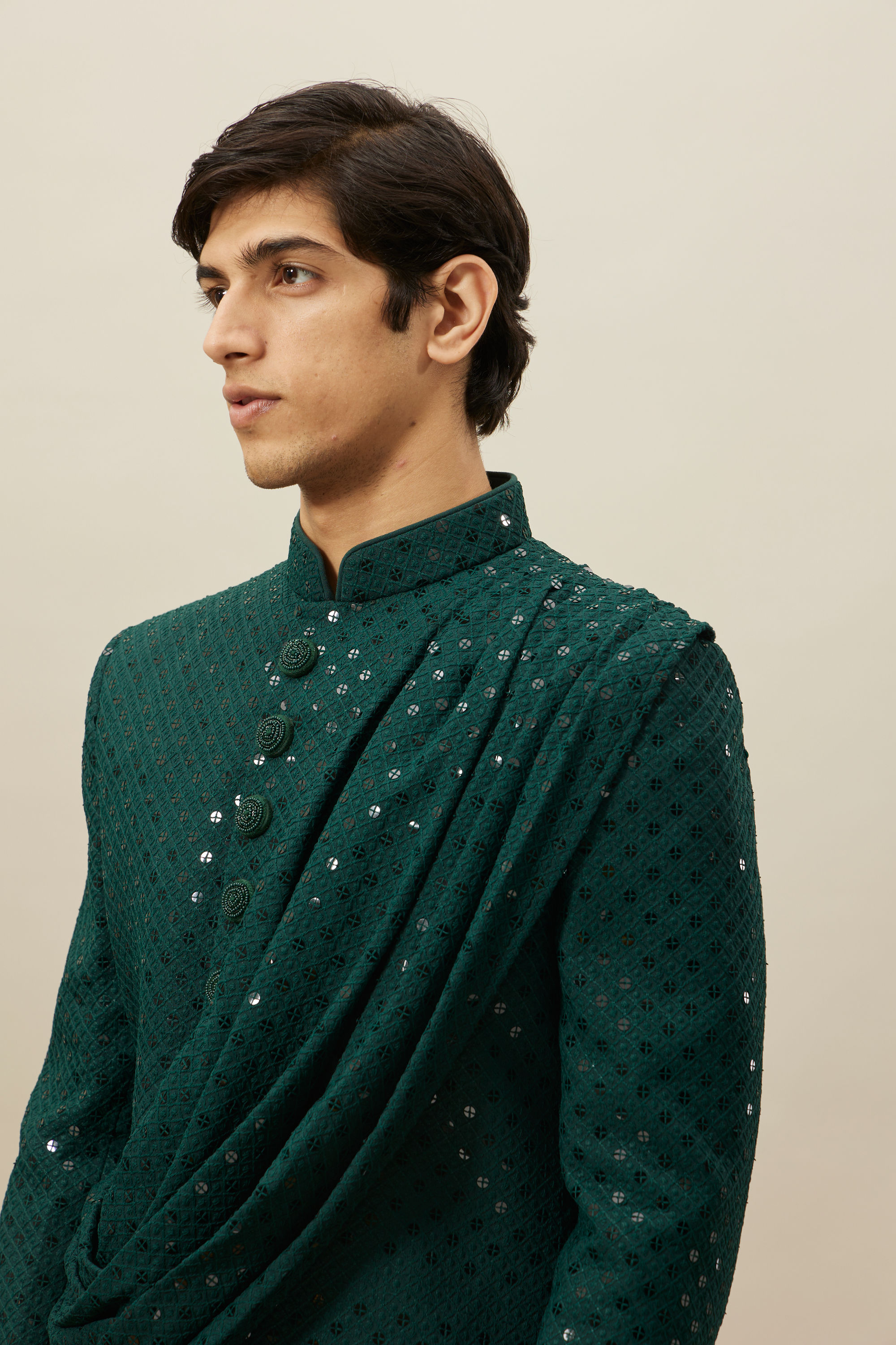 Manyavar Men Atlantic Deep Green Self Patterned Indo Western Set