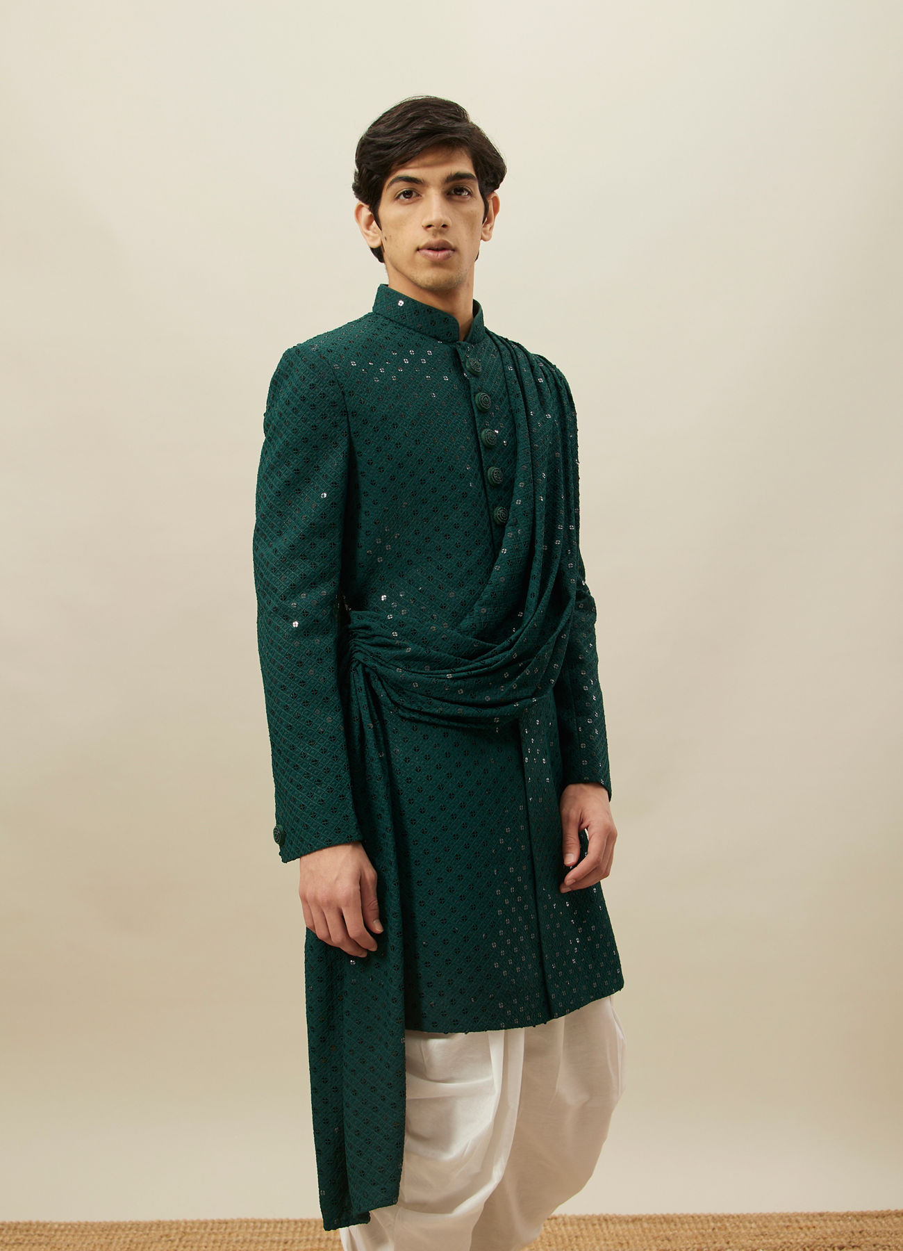 Manyavar Men Atlantic Deep Green Self Patterned Indo Western Set